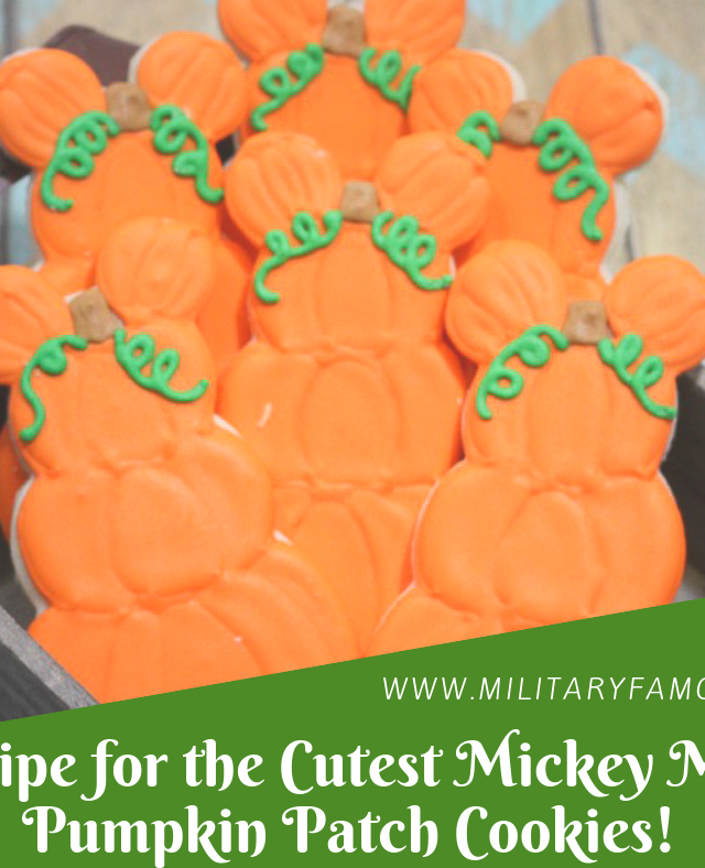 Recipe for the Cutest Mickey Mouse Pumpkin Patch Cookies! Super easy step-by-step pictures for delicious sugar cookies and royal icing recipes. Make Disney theme Halloween and Thanksgiving day cookies everyone will love! #Disney #Disneycookies #DisneyDesserts #Cookies #HalloweenCookies